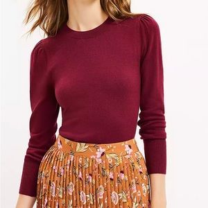 Loft puff sleeve crew neck knit top in vintage Bordeaux, size XL